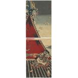 Yoshitoshi, Fight Atop a Pavillion, Original Japanese Woodblock Print