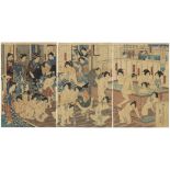 Kunichika, Bath House, Original Japanese Woodblock Print