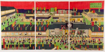 Kuniteru II, Theatre District, Original Japanese Woodblock Print