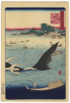 Hiroshige II, Whale Hunting, Original Japanese Woodblock Print