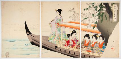 Chikanobu Yoshu, Boat Excursion, Original Japanese Woodblock Print