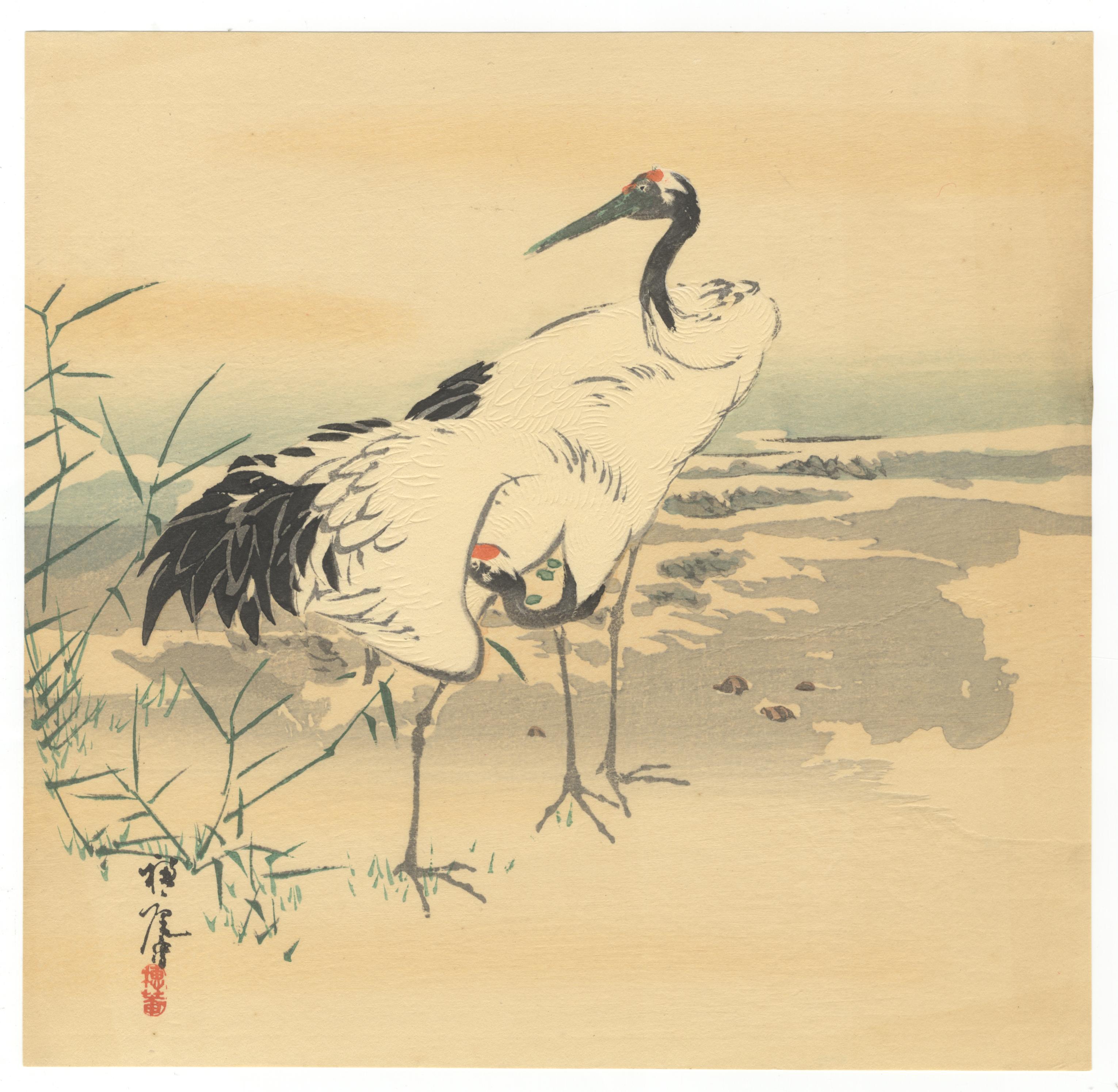 Suian Hirafuku, Cranes, Original Japanese Woodblock Print