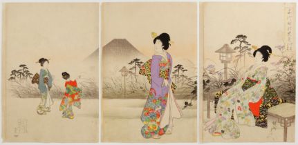 Chikanobu Yoshu, Evening Fuji, Original Japanese Woodblock Print