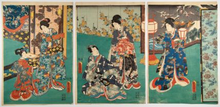 Toyokuni III, Genji with Beauties, Original Japanese Woodblock Print