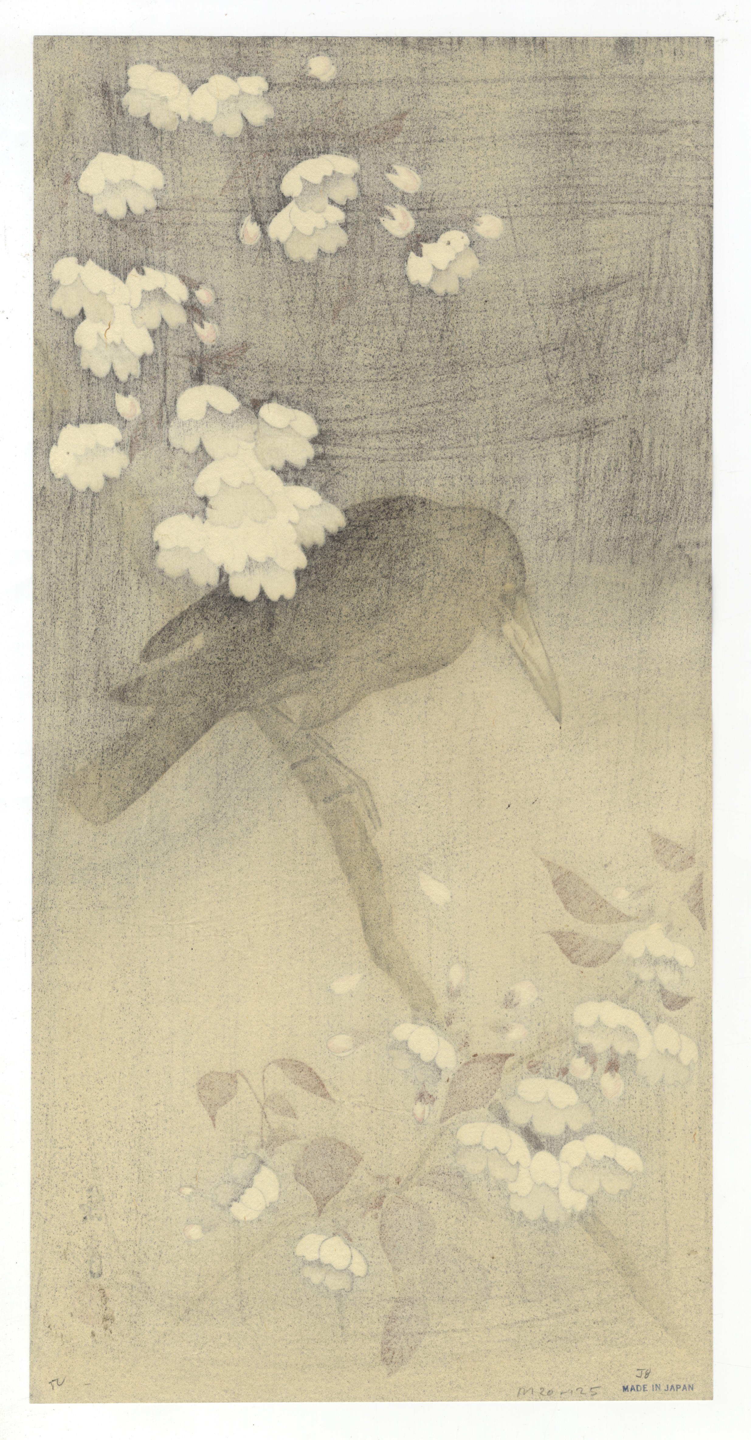 Keinen Imao, Crow, Cherry Blossom, Original Japanese Woodblock Print - Image 2 of 2