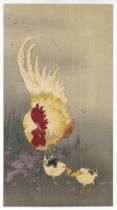 Koson Ohara, Rooster, Chick, Original Japanese Woodblock Print
