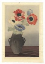 Mokuchu, Anemones 2, Original Japanese Woodblock Print