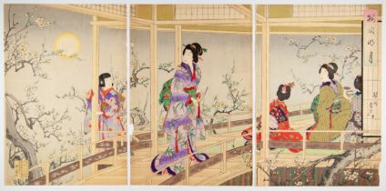 Chikanobu Yoshu, Plum-blossom, Original Japanese Woodblock Print