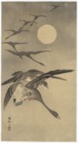Koson Ohara, Geese, Full Moon, Original Japanese Woodblock Print