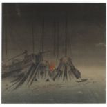 Kogyo Tsukioka, Fishing, Original Japanese Woodblock Print