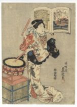 Toyokuni III, Playing Kodaiko Drum, Original Japanese Woodblock Print