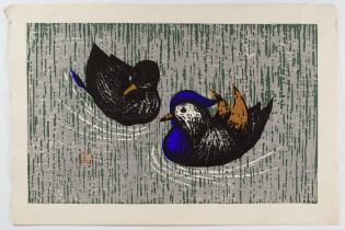 Kaoru Kawano, Mandarin Ducks, Original Japanese Woodblock Print