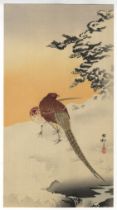 Koson, Pheasants in the Snow, Original Japanese Woodblock Print
