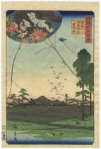 Hiroshige II, Edo, Kite, Original Japanese Woodblock Print