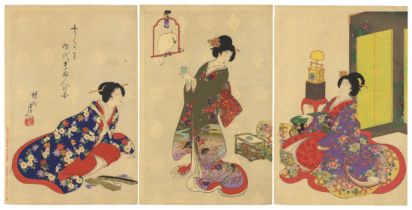 Chikanobu, Beauties with a Parrot, Original Japanese Woodblock Print