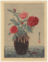 Urushibara, Vase of Peony, Original Japanese Woodblock Print