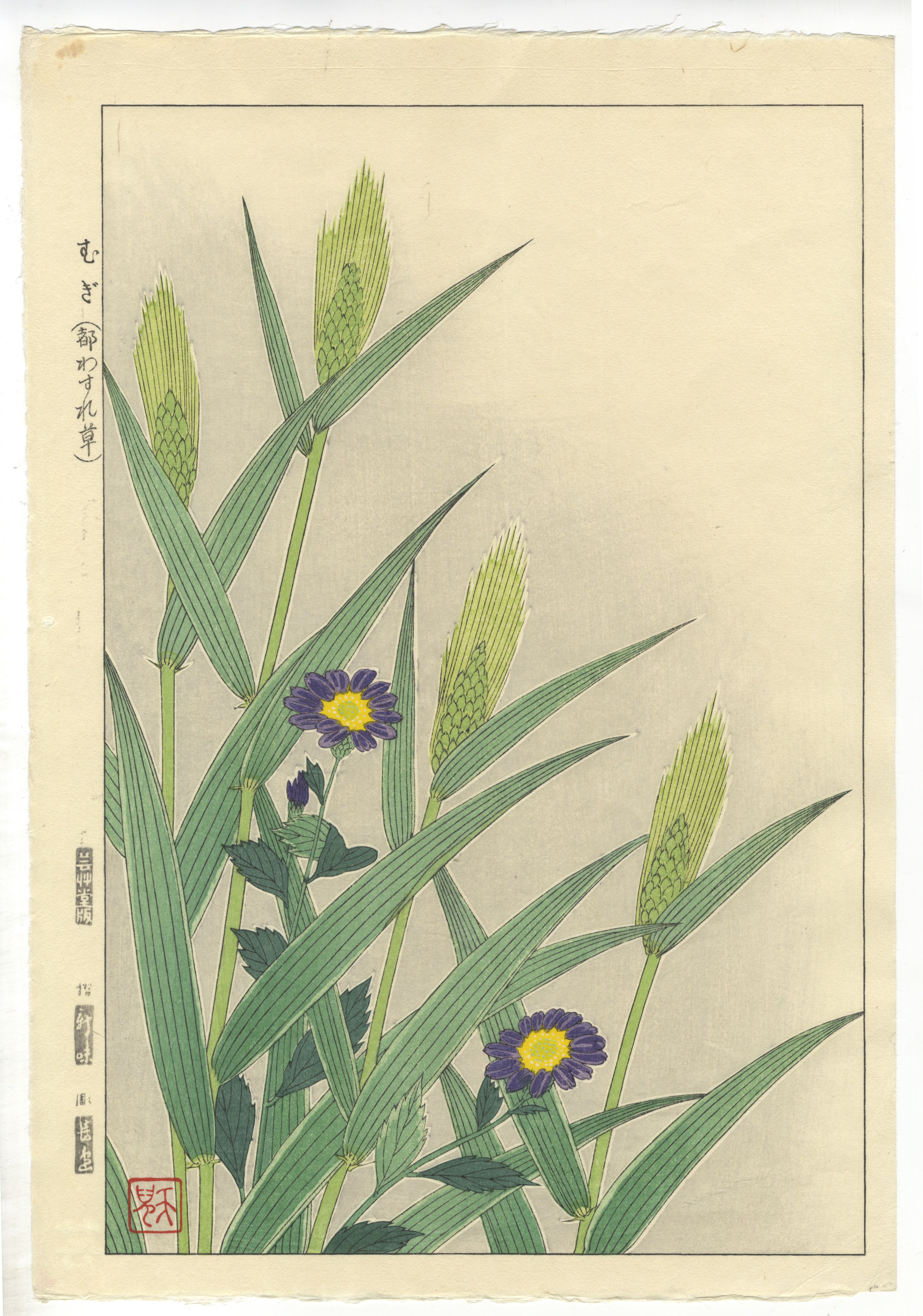 Shodo Kawarazaki, Forget-Me-Not and Barley, Original Japanese Woodblock Print