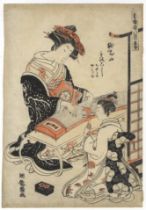 Isoda Koryusai, Playing Koto, Original Japanese Woodblock Print