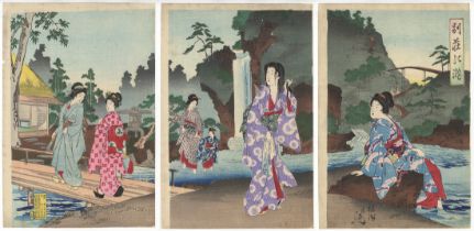Chikanobu, Waterfall at a Villa, Original Japanese Woodblock Print