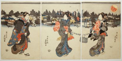 Toyokuni III, Masaki in February, Original Japanese Woodblock Print