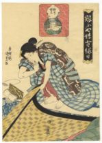 Kunisada I, Edo Beauty, Temple, Original Japanese Woodblock Print