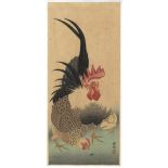 Koson Ohara, Rooster, Hen, Original Japanese Woodblock Print