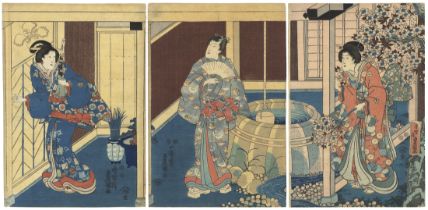 Toyokuni III, Genji in the Garden, Original Japanese Woodblock Print