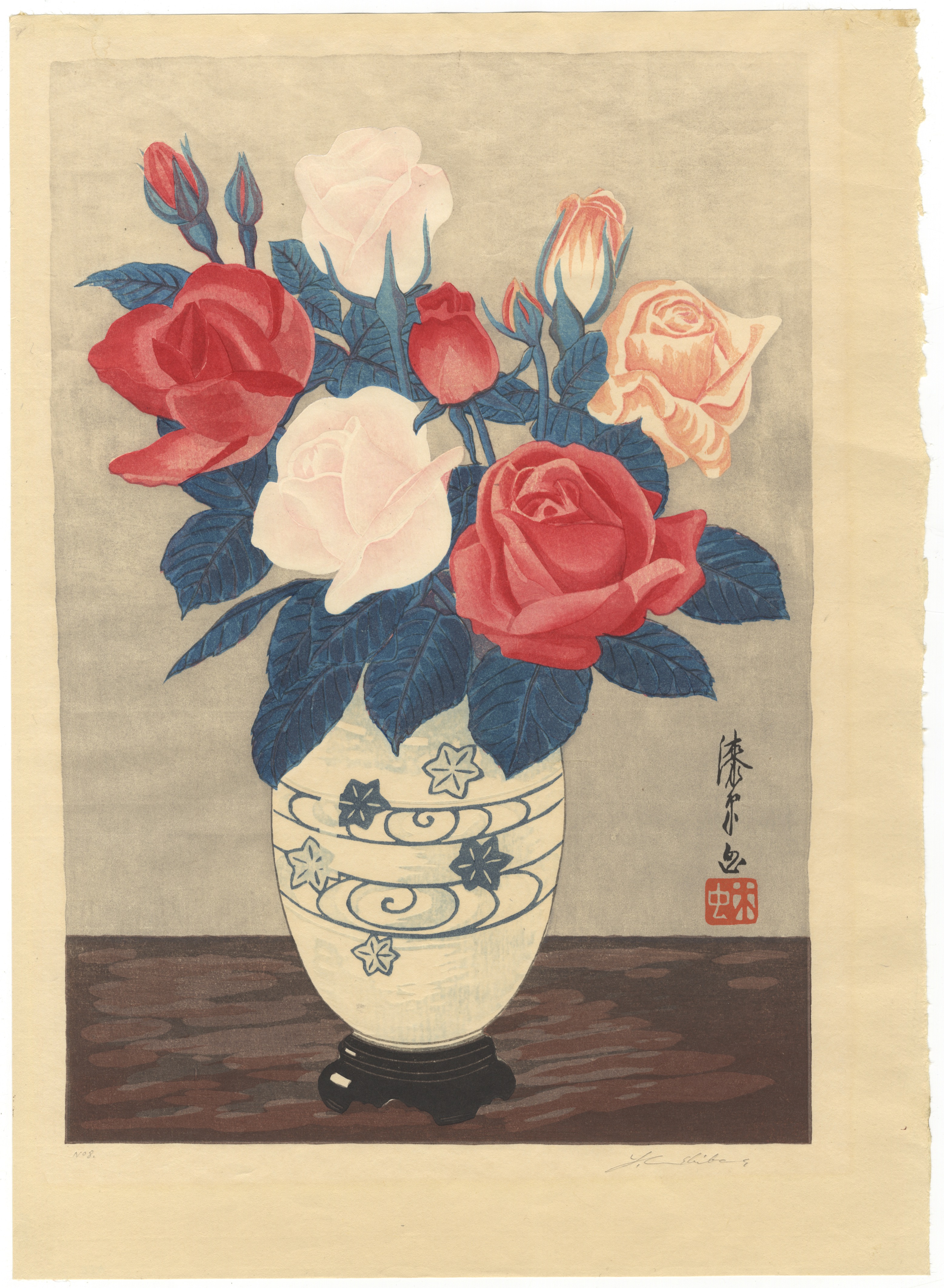 Mokuchu, Roses II, Original Japanese Woodblock Print