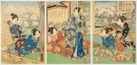 Kunichika, Fuji View, Genji-e, Original Japanese Woodblock Print