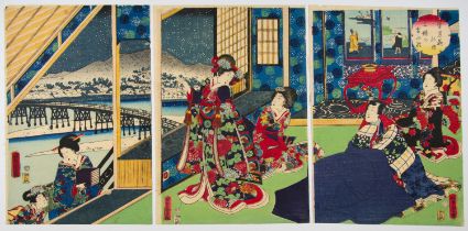 Yoshitora, Genji-e, Sanjo in Snow, Original Japanese Woodblock Print