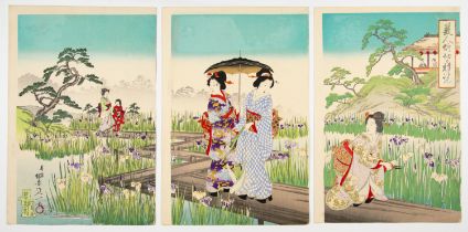 Nobukazu Yosai, Beauties in Iris Garden, Original Japanese Woodblock Print