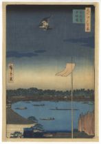 Hiroshige I, Hall and Bridge, Original Japanese Woodblock Print