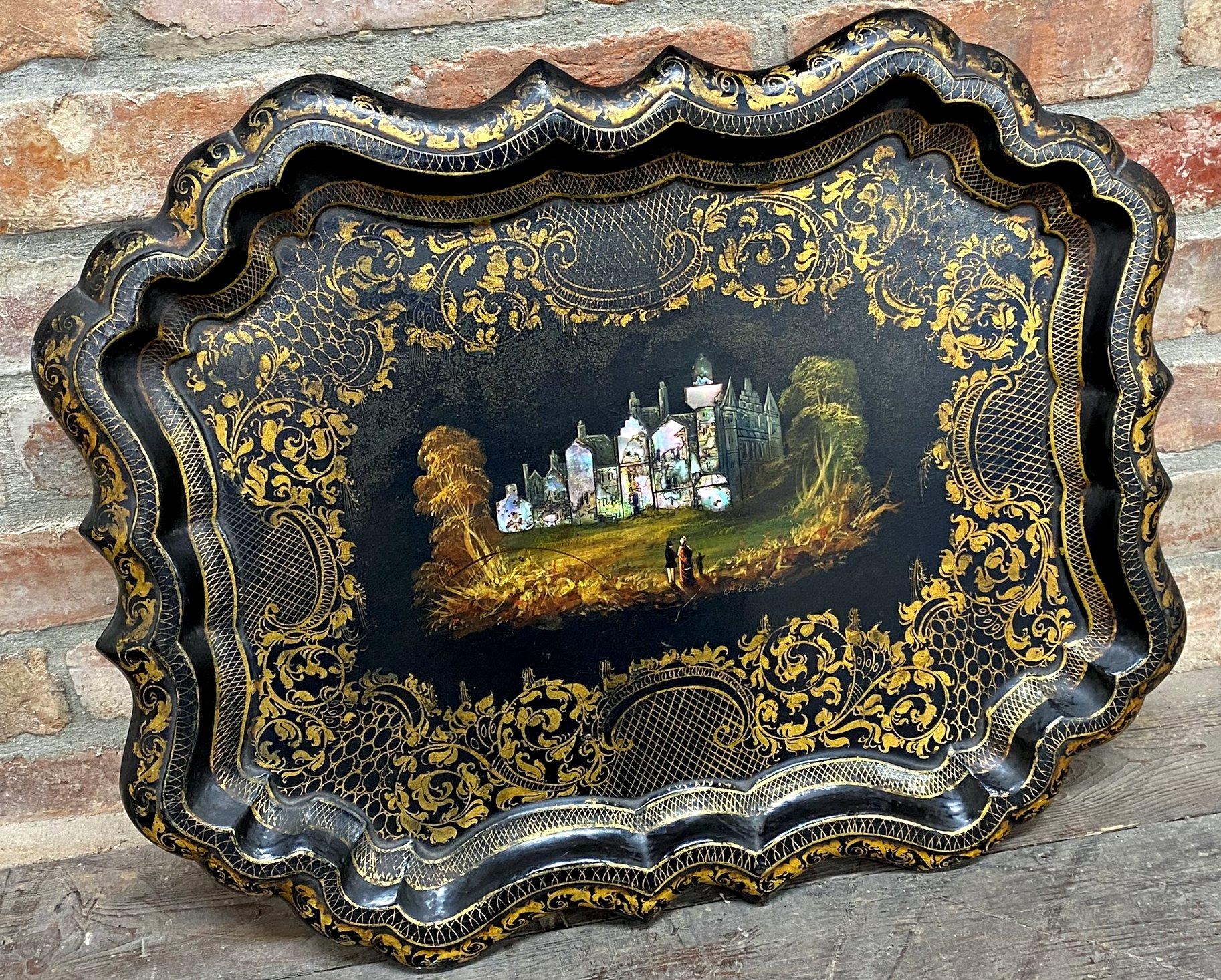 Good quality Victorian papier mache serpentine tray, centrally hand painted and mother of pearl