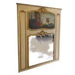 19th century French Trumeau mirror, hand painted with a romantic scene, with further painted gilt