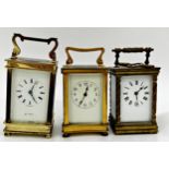 Three French brass carriage clocks, one with barley twist column case (3)