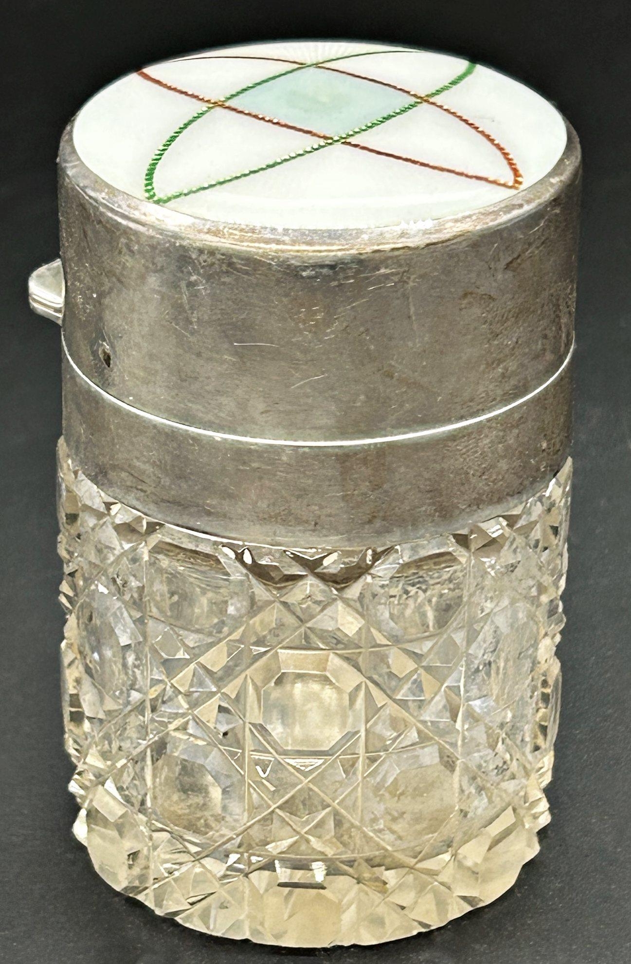 Good silver, guilloche enamel and cut glass scent jar, maker GD with import marks, 8.5cm high