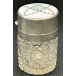 Good silver, guilloche enamel and cut glass scent jar, maker GD with import marks, 8.5cm high