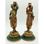 Good pair or painted spelter figural candlesticks or table lamps, moddelled as an Arabic water