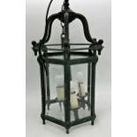 Good quality Mod Dep Lamp Art patinated bronze framed hexagonal glass hall lantern, 65cm high not