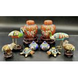 Mixed collection of small cloisonné pieces comprising vase, animals etc with stands