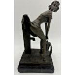Cast bronze study of a saucy 1950s pin up, signed 'Fisher', marble base, 33cm high