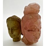 Antique carved rose quartz study of Guan Yen head, 11cm long with further hardstone young buddha