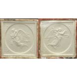 Pair of 19th century framed bisque tiles, relief decoration of flying maidens, 18 x 18cm (2)