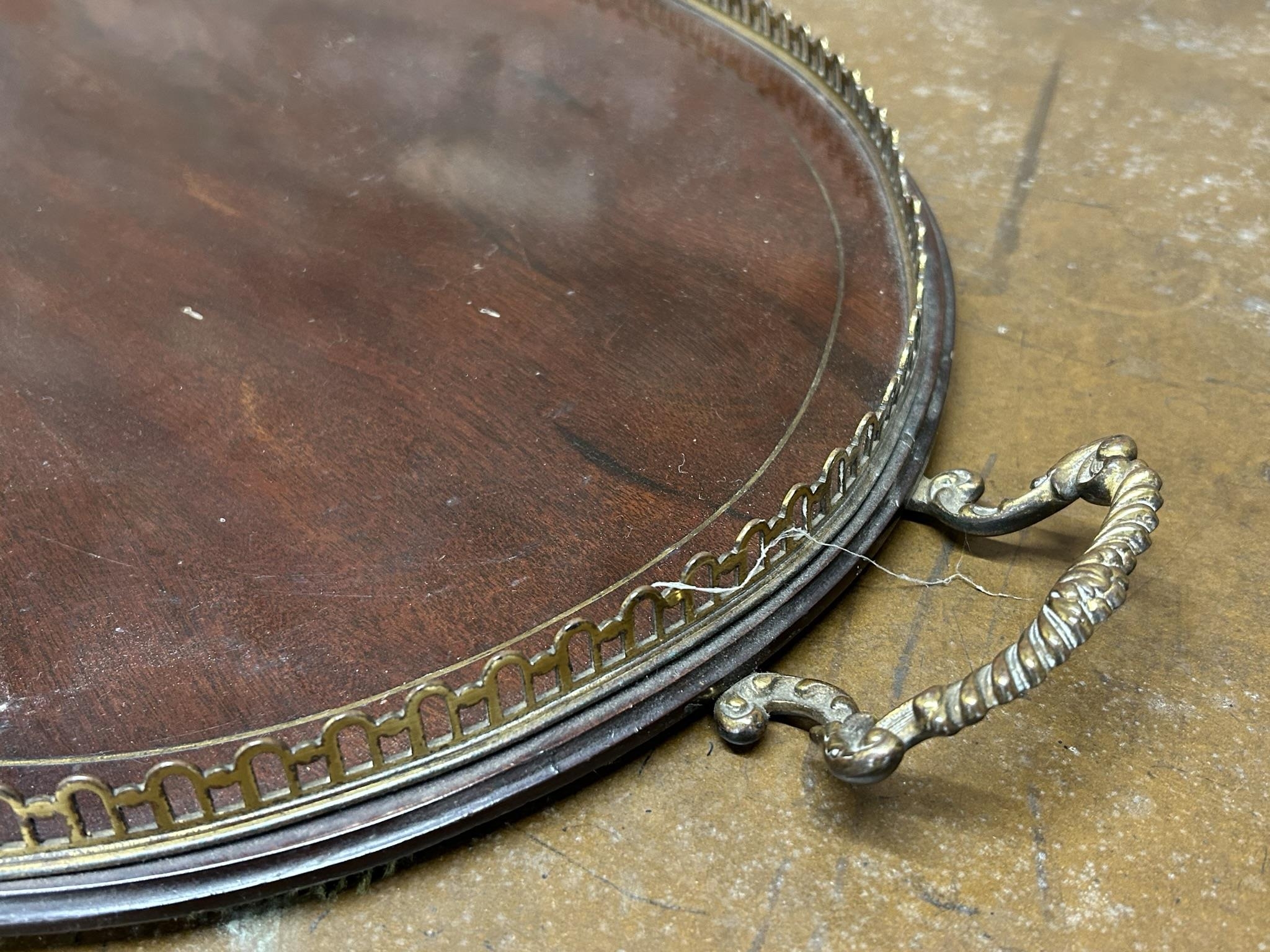 19th century rosewood and brass inlaid kidney shaped twin handled gallery tray, 76.5cm long - Image 2 of 2