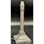 Good quality silver table lamp, with wrythen fluted column and beaded stepped square base, maker Lee