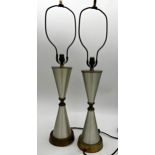 Elegant pair of twin conical brushed steel and brass table lamps, 50cm high