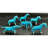 Set of six turquoise glaze Chinese porcelain horses, the largest 8cm long (6)