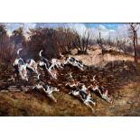 John Alfred Wheeler (1821-1903) - Foxhounds on the prowl, signed, oil on board, 30 x 45cm, good