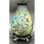 Good cameo glass baluster vase lamp, decorated with peonies, on cast metal naturalistic base, 35cm