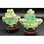 Pair of green jade lidded twin handled censors, upon bespoke plinth bases, 13cm high (2)